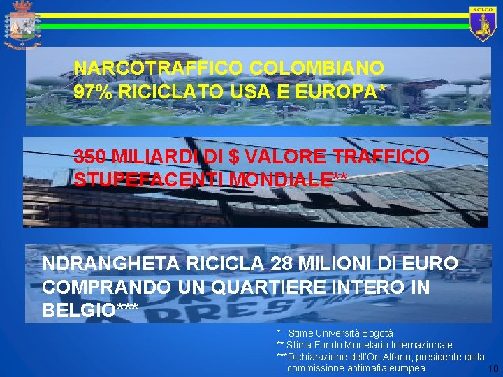 NARCOTRAFFICO COLOMBIANO 97% RICICLATO USA E EUROPA* 350 MILIARDI DI $ VALORE TRAFFICO STUPEFACENTI