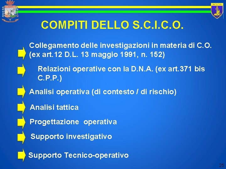 COMPITI DELLO S. C. I. C. O. Collegamento delle investigazioni in materia di C.
