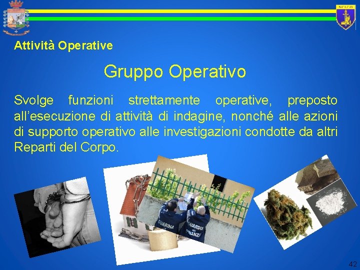 Attività Operative Gruppo Operativo Svolge funzioni strettamente operative, preposto all’esecuzione di attività di indagine,