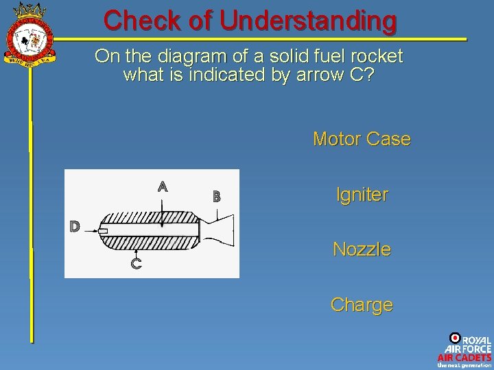 Check of Understanding On the diagram of a solid fuel rocket what is indicated