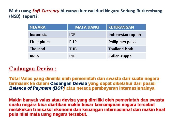Mata uang Soft Currency biasanya berasal dari Negara Sedang Berkembang (NSB) seperti : NEGARA