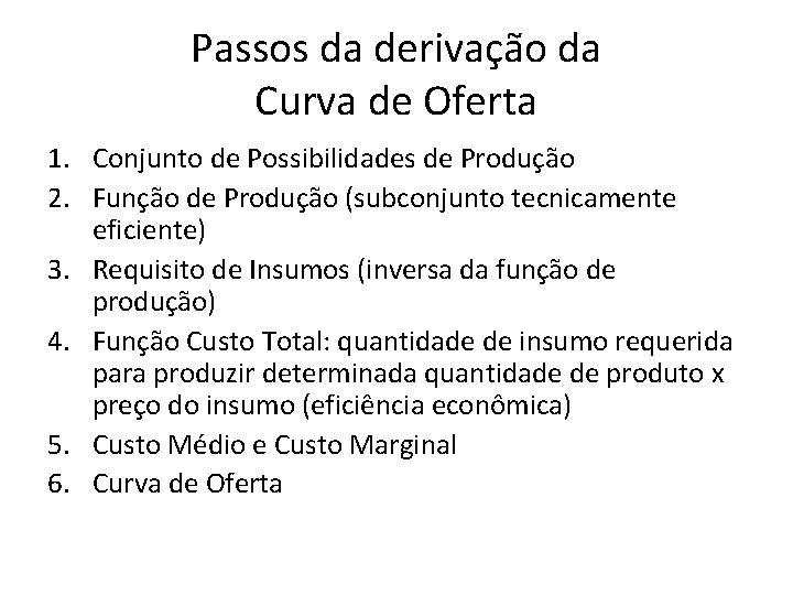 Passos da derivação da Curva de Oferta 1. Conjunto de Possibilidades de Produção 2. Passos da derivação da Curva de Oferta 1. Conjunto de Possibilidades de Produção 2.