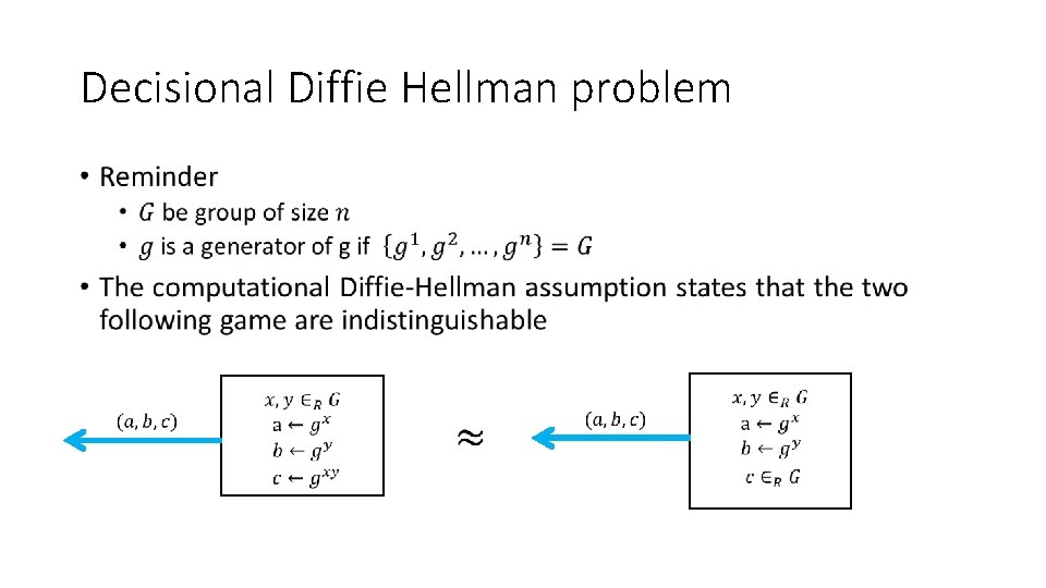 Decisional Diffie Hellman problem • 