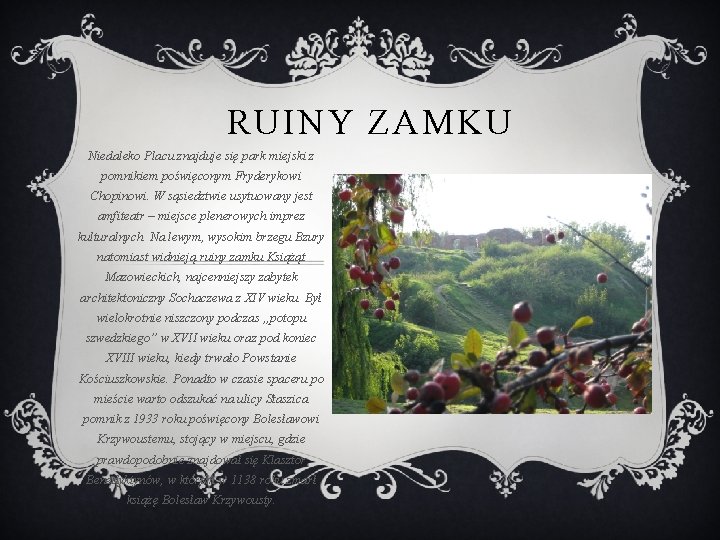 RUINY ZAMKU Niedaleko Placu znajduje się park miejski z pomnikiem poświęconym Fryderykowi Chopinowi. W