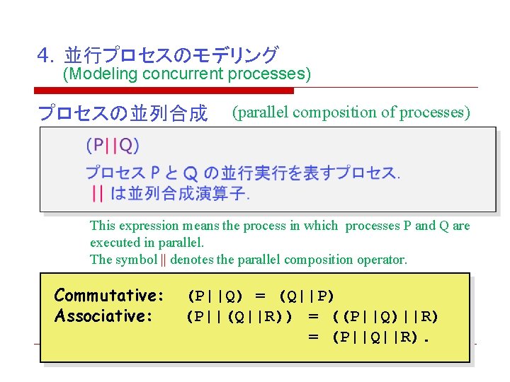 4．並行プロセスのモデリング (Modeling concurrent processes) プロセスの並列合成 (parallel composition of processes) This expression means the process