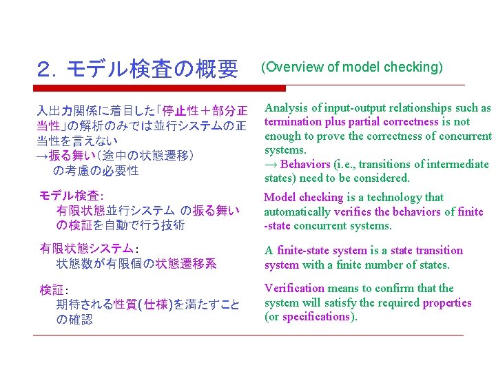 ２．モデル検査の概要 (Overview of model checking) 入出力関係に着目した「停止性＋部分正 当性」の解析のみでは並行システムの正 当性を言えない →振る舞い（途中の状態遷移） 　　の考慮の必要性 Analysis of input-output relationships