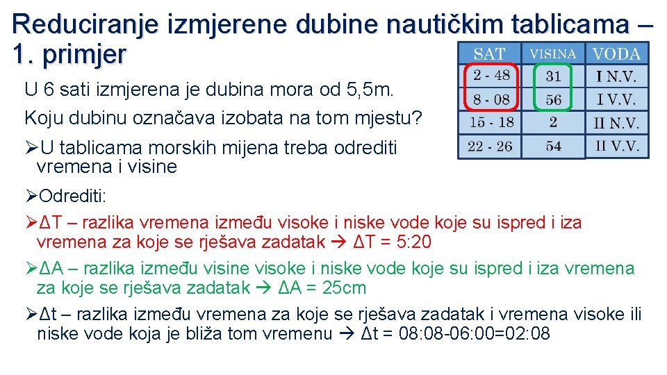 Reduciranje izmjerene dubine nautičkim tablicama – 1. primjer U 6 sati izmjerena je dubina