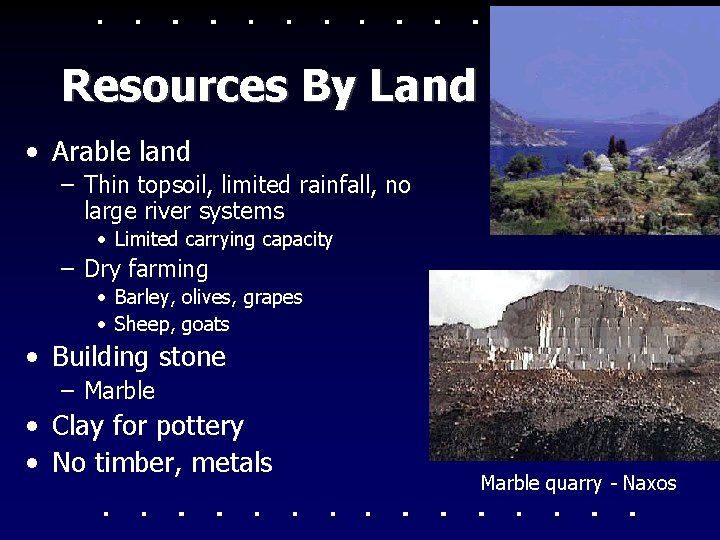 Resources By Land • Arable land – Thin topsoil, limited rainfall, no large river