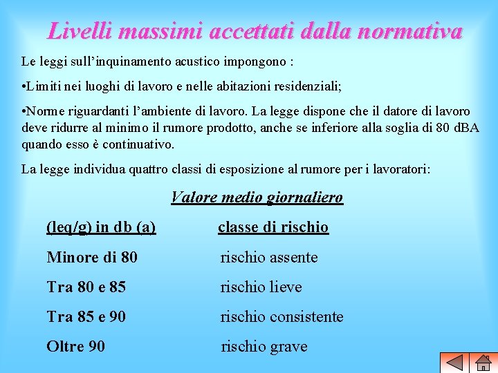 Livelli massimi accettati dalla normativa Le leggi sull’inquinamento acustico impongono : • Limiti nei