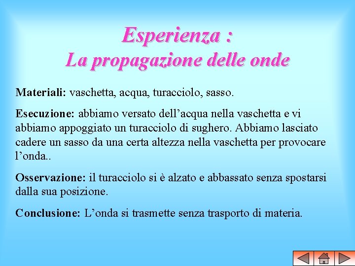 Esperienza : La propagazione delle onde Materiali: vaschetta, acqua, turacciolo, sasso. Esecuzione: abbiamo versato