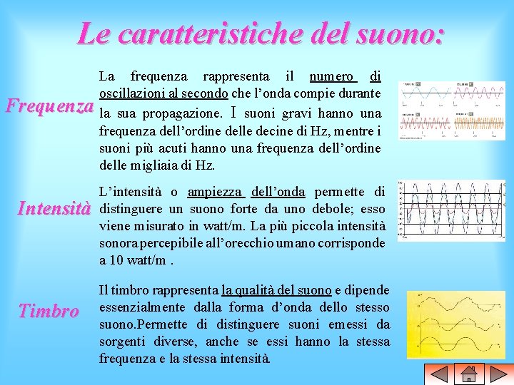Le caratteristiche del suono: Frequenza Intensità Timbro La frequenza rappresenta il numero di oscillazioni