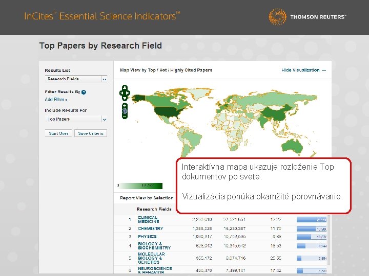 Interaktívna mapa ukazuje rozloženie Top dokumentov po svete. Vizualizácia ponúka okamžité porovnávanie. 