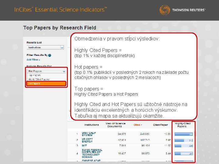 Obmedzenia v pravom stĺpci výsledkov: Highly Cited Papers = (top 1% v každej disciplínet/rok)