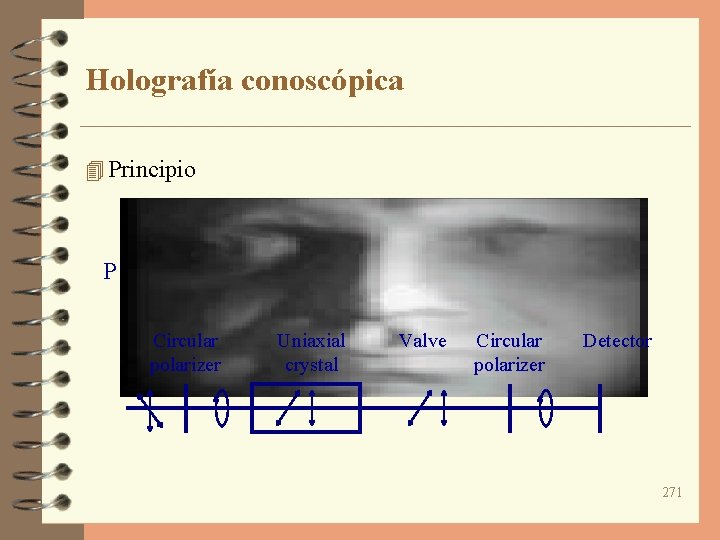 Holografía conoscópica 4 Principio P Circular polarizer Uniaxial crystal Valve Circular polarizer Detector 271