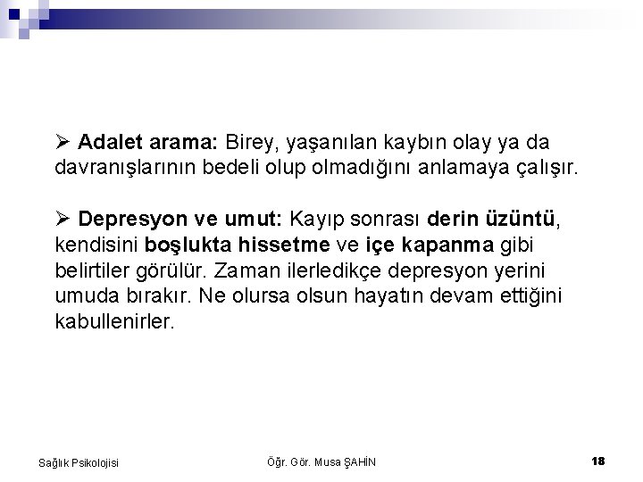  Adalet arama: Birey, yaşanılan kaybın olay ya da davranışlarının bedeli olup olmadığını anlamaya