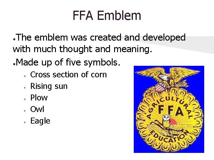 FFA Emblem The emblem was created and developed with much thought and meaning. ●Made