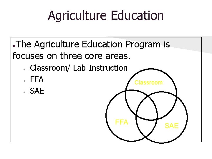 Agriculture Education The Agriculture Education Program is focuses on three core areas. ● ●
