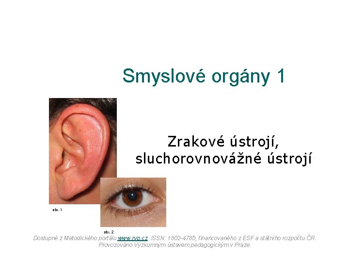 Smyslové orgány 1 Zrakové ústrojí, sluchorovnovážné ústrojí obr. 1 obr. 2 Dostupné z Metodického