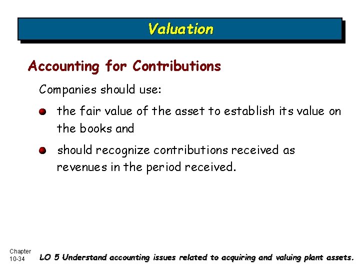 Valuation Accounting for Contributions Companies should use: the fair value of the asset to