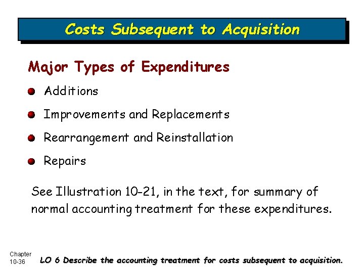 Costs Subsequent to Acquisition Major Types of Expenditures Additions Improvements and Replacements Rearrangement and