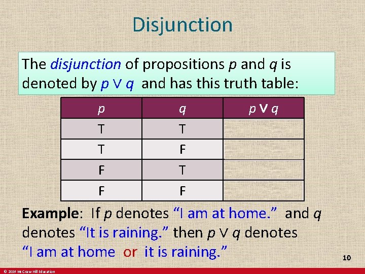 Disjunction The disjunction of propositions p and q is denoted by p ∨ q