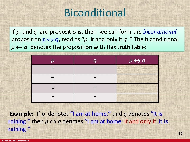 Biconditional If p and q are propositions, then we can form the biconditional proposition