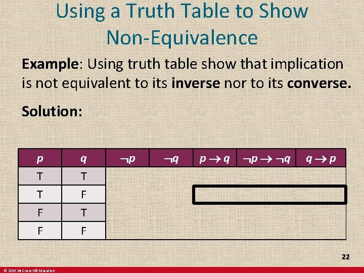Using a Truth Table to Show Non-Equivalence Example: Using truth table show that implication