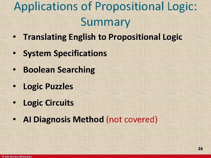 Applications of Propositional Logic: Summary • Translating English to Propositional Logic • System Specifications