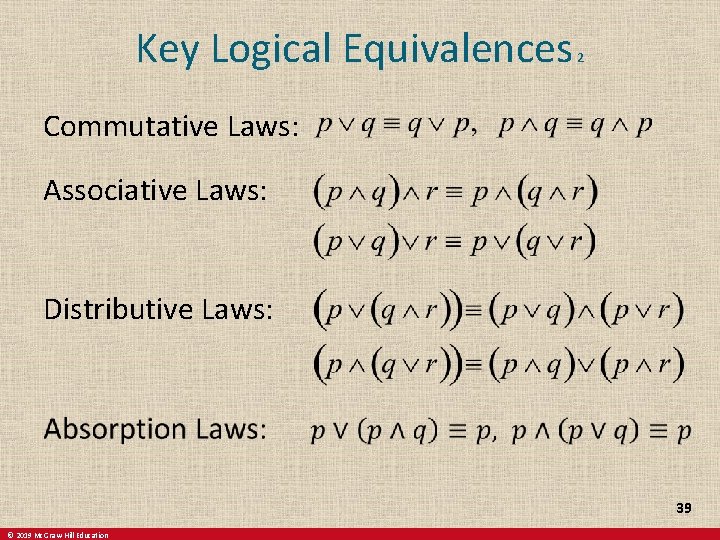 Key Logical Equivalences 2 Commutative Laws: Associative Laws: Distributive Laws: 39 © 2019 Mc.