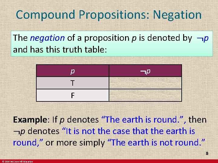 Compound Propositions: Negation The negation of a proposition p is denoted by ¬p and