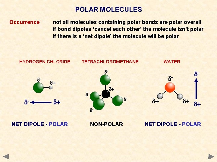 POLAR MOLECULES Occurrence not all molecules containing polar bonds are polar overall if bond