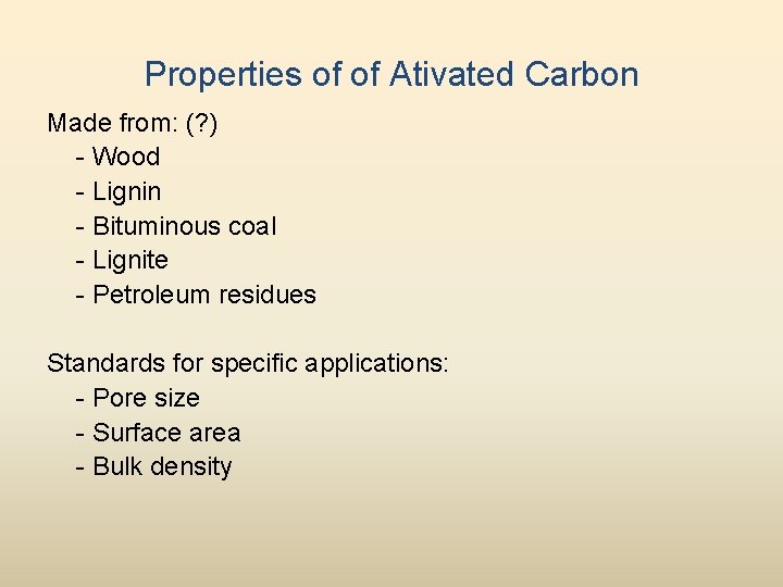 Properties of of Ativated Carbon Made from: (? ) - Wood - Lignin -