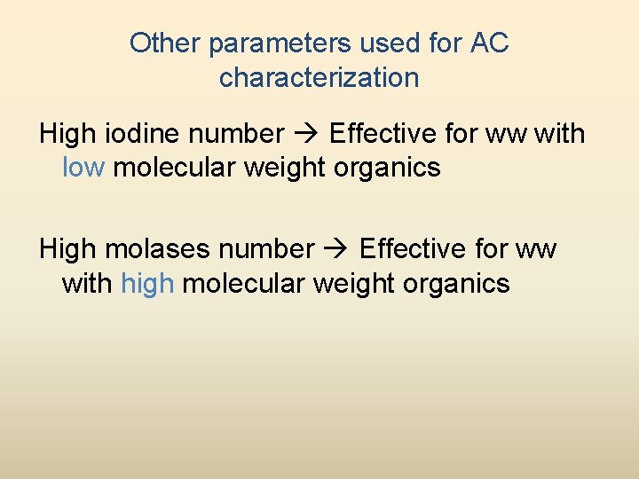 Other parameters used for AC characterization High iodine number Effective for ww with low