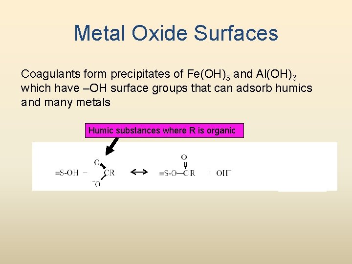 Metal Oxide Surfaces Coagulants form precipitates of Fe(OH)3 and Al(OH)3 which have –OH surface