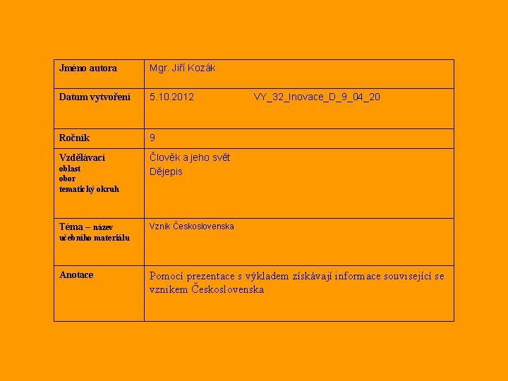 Jméno autora Mgr. Jiří Kozák Datum vytvoření 5. 10. 2012 Ročník 9 Vzdělávací Člověk