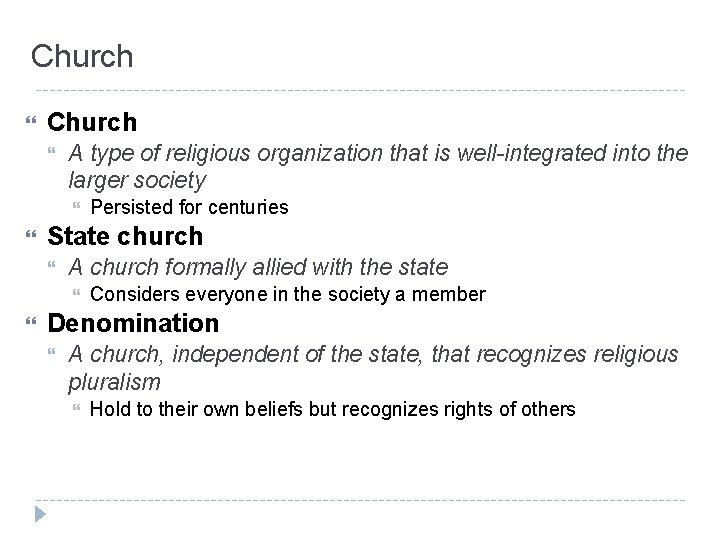 Church A type of religious organization that is well-integrated into the larger society State Church A type of religious organization that is well-integrated into the larger society State