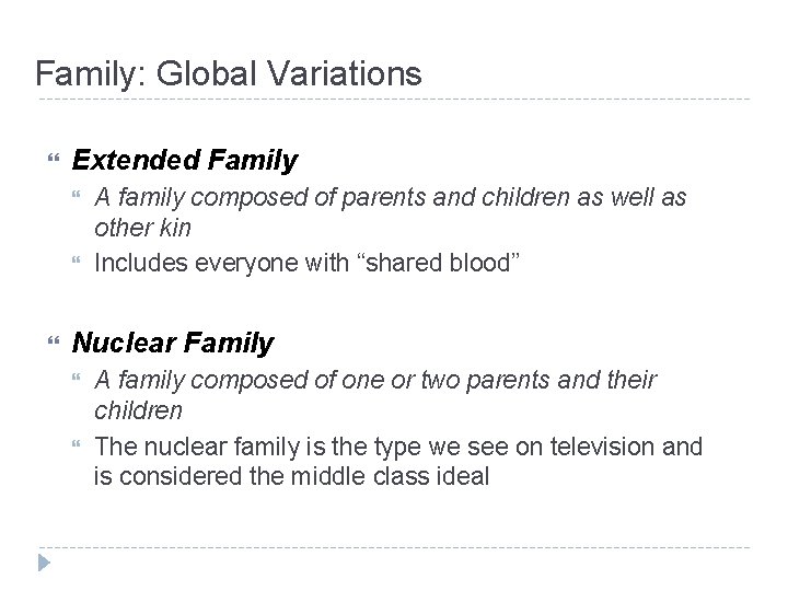 Family: Global Variations Extended Family A family composed of parents and children as well Family: Global Variations Extended Family A family composed of parents and children as well