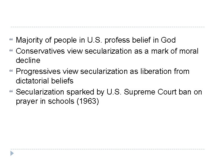 Majority of people in U. S. profess belief in God Conservatives view secularization Majority of people in U. S. profess belief in God Conservatives view secularization