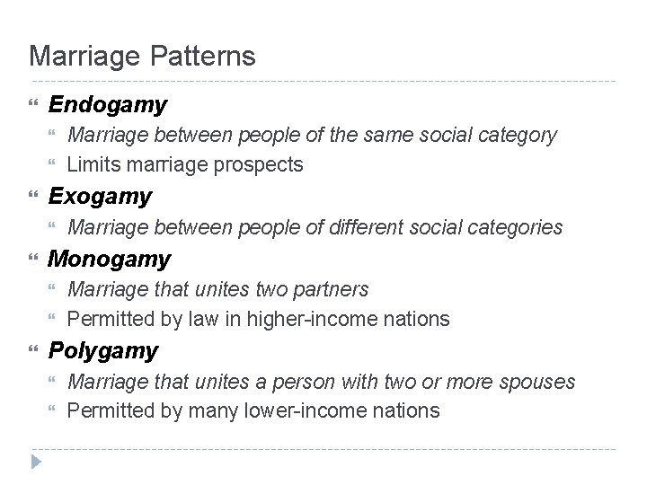 Marriage Patterns Endogamy Exogamy Marriage between people of different social categories Monogamy Marriage between Marriage Patterns Endogamy Exogamy Marriage between people of different social categories Monogamy Marriage between