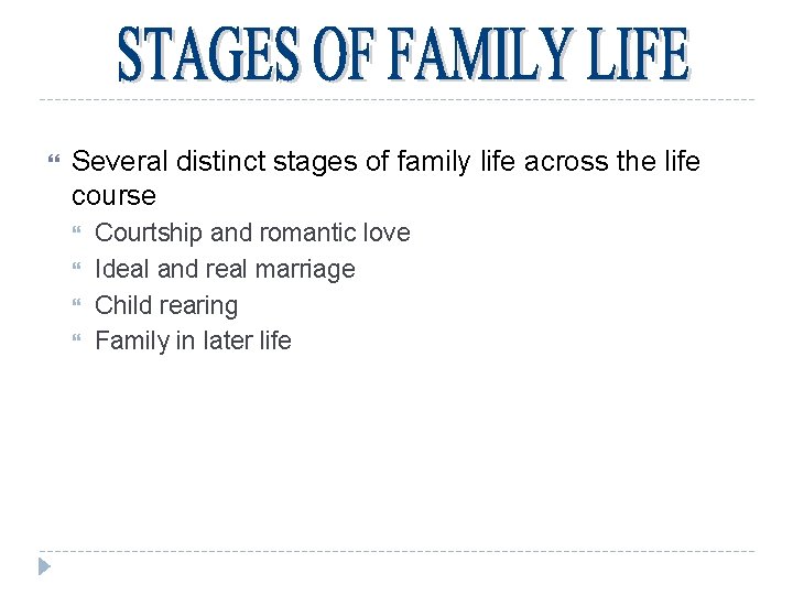 Several distinct stages of family life across the life course Courtship and romantic Several distinct stages of family life across the life course Courtship and romantic