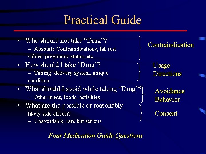 Practical Guide • Who should not take “Drug”? – Absolute Contraindications, lab test values,