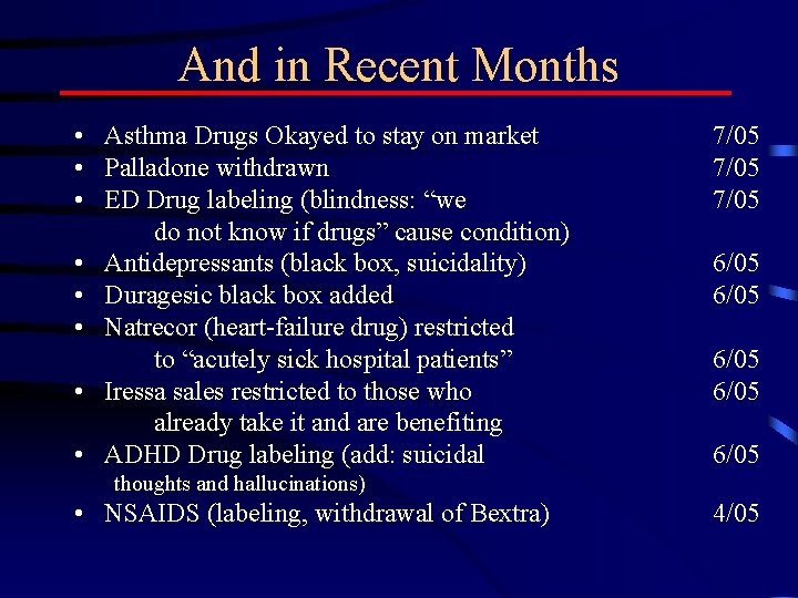 And in Recent Months • Asthma Drugs Okayed to stay on market • Palladone