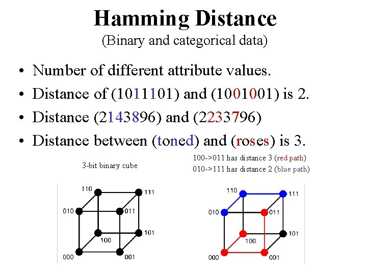 Hamming Distance (Binary and categorical data) • • Number of different attribute values. Distance