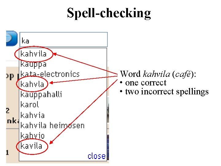 Spell-checking Word kahvila (café): • one correct • two incorrect spellings 