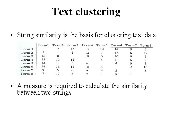 Text clustering • String similarity is the basis for clustering text data • A