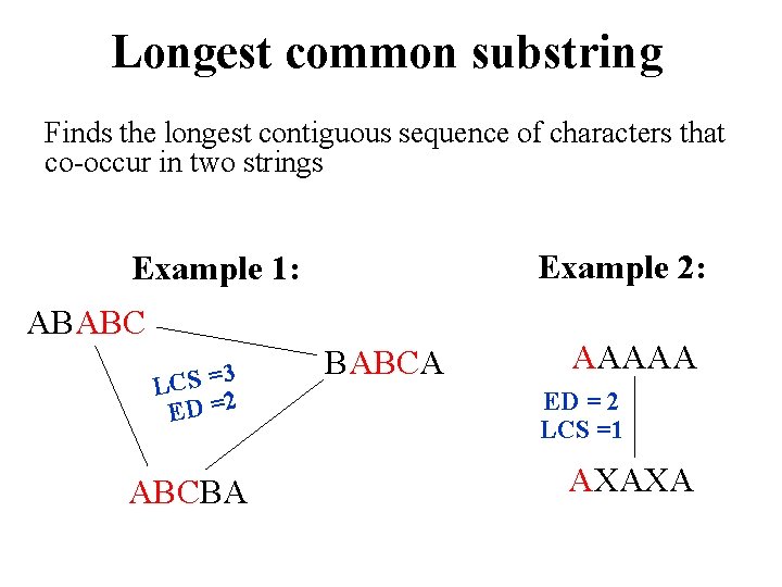 Longest common substring Finds the longest contiguous sequence of characters that co-occur in two