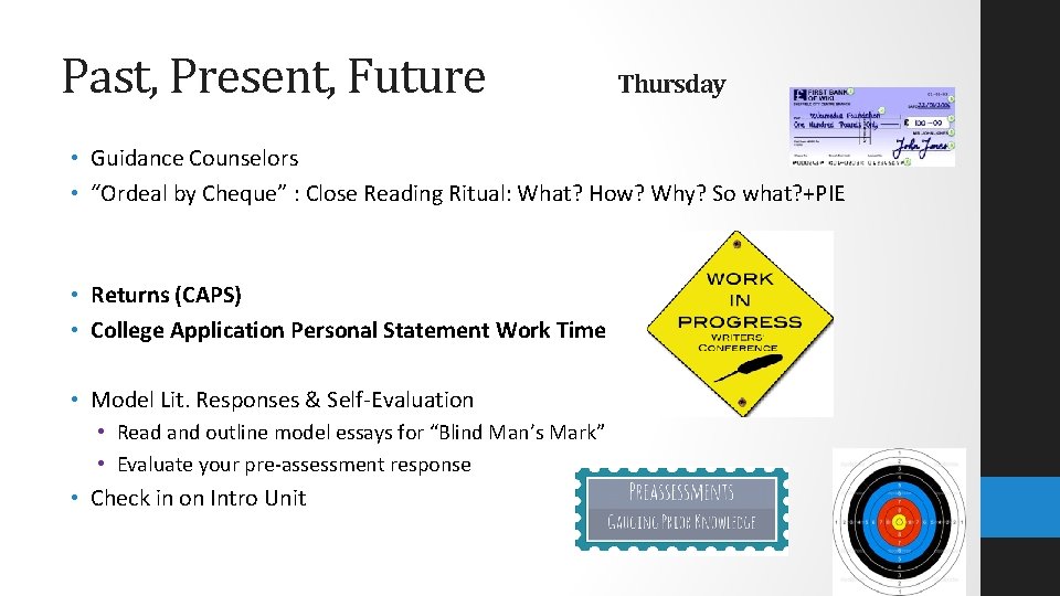 Past, Present, Future Thursday • Guidance Counselors • “Ordeal by Cheque” : Close Reading