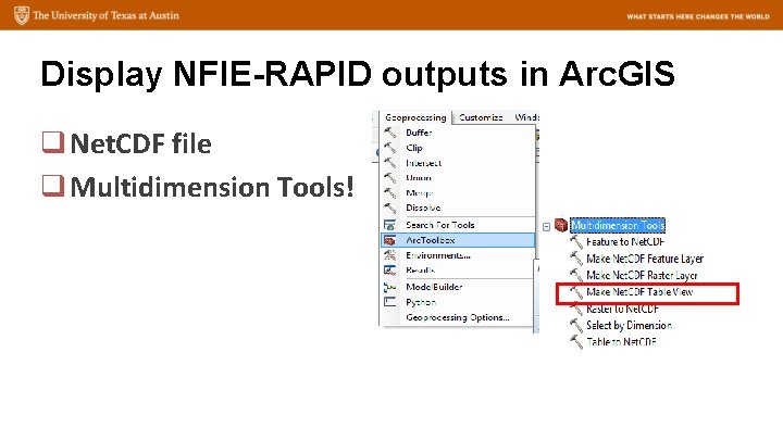 Display NFIE-RAPID outputs in Arc. GIS q Net. CDF file q Multidimension Tools! 