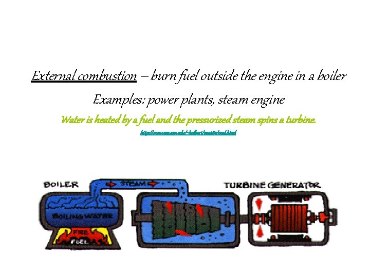 External combustion – burn fuel outside the engine in a boiler Examples: power plants,