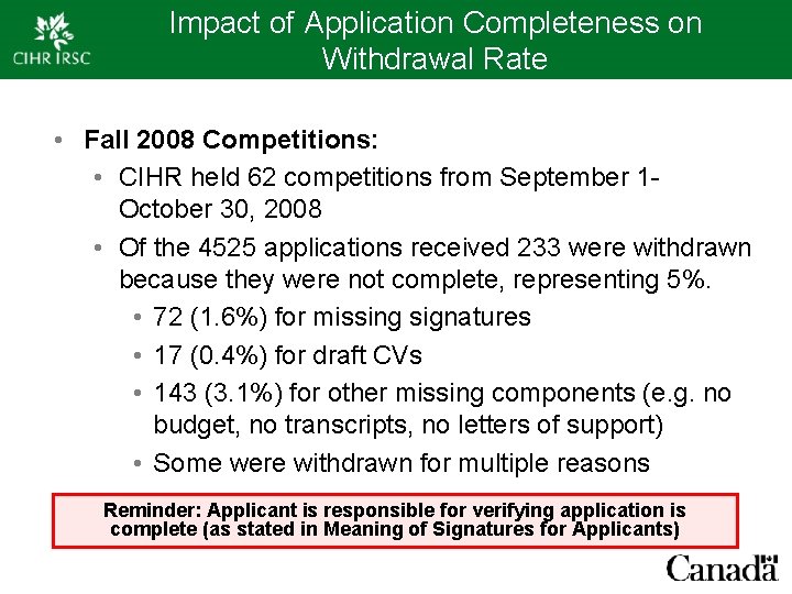 Impact of Application Completeness on Withdrawal Rate • Fall 2008 Competitions: • CIHR held